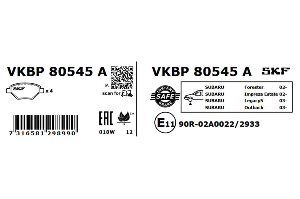 Jogo de 4 pastilhas de travão SKF ref. VKBP 80545 A